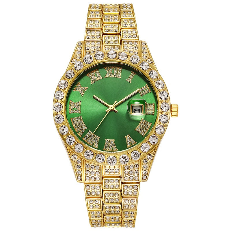 Steel Band Roman Scale Diamond Encrusted Calendar Quartz Watch Digital