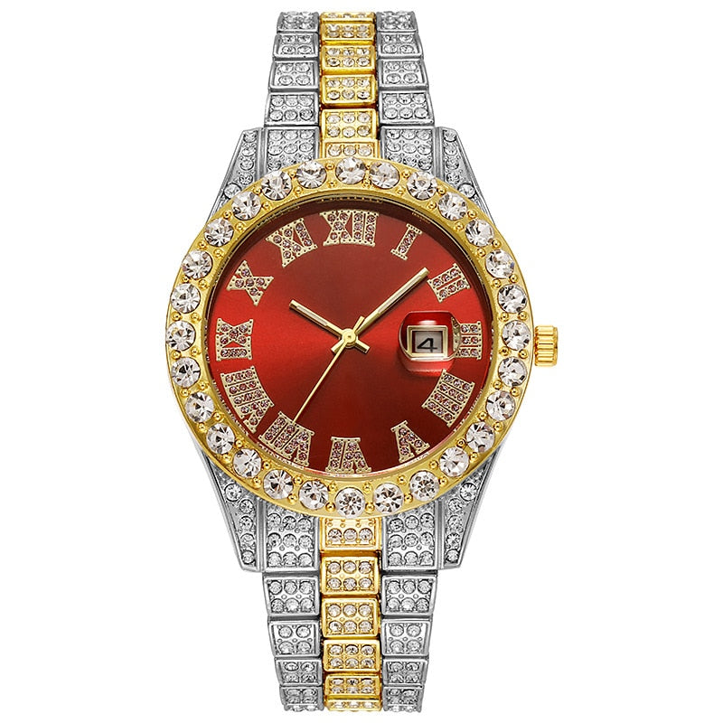 Steel Band Roman Scale Diamond Encrusted Calendar Quartz Watch Digital