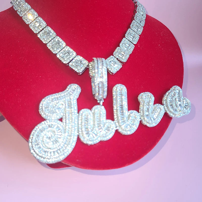 Custom Big Brush Cursive Iced Out Name Pendant Bubble Letters Word Necklace With Rhinestone Baguettes