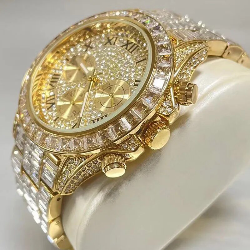 Fashion Luxury 18K Gold Watch For Men Iced Out Waterproof Wrist Watches Full Diamond Clocks Male Gift Reloj Hombre