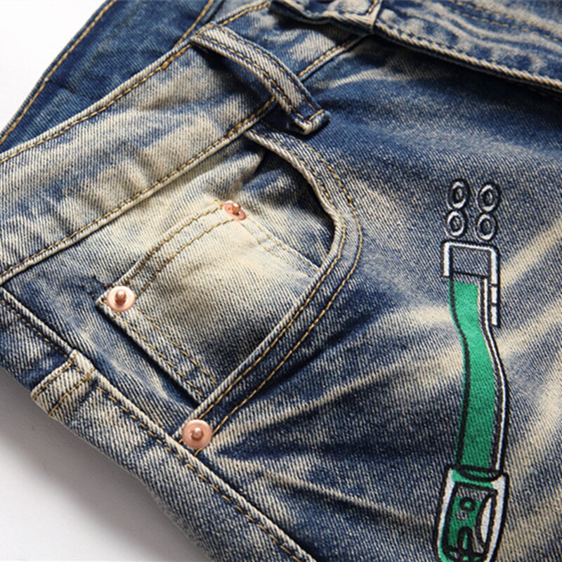 New Fashion Printed Jeans Stretch Slim Retro Pencil Pants High Street Casual Mid-Waist Motorcycle Trend Trousers