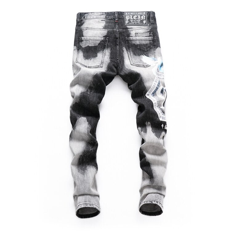 PLEINXPLEIN Original Mens Denim Pants Street Rock Vintage Hip Hop Punk Denim Pencil Pants Men's Casual Slim Fit PP Printed Jeans