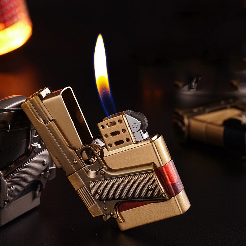 HOT SELLER! Metal Gas Pistol Shape Lighter Transparent Oil Tank Retro Grinding Wheel Cigar Windproof Lighter For Men Cigarette Accessories