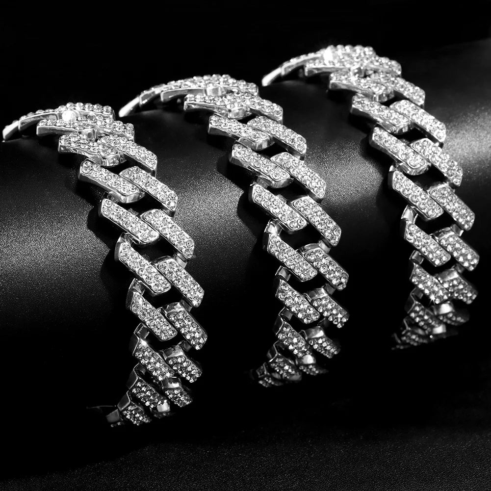 Rhinestones Prong Cuban Link Chain 2 Row Crystal Curb Cuban Chain 13/14/20MM