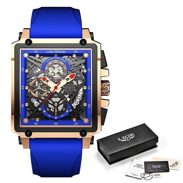Men Watches Top Brand Luxury Hollow Square Sport Watch For Men Fashion Leather Strap Waterproof Quartz WristWatch