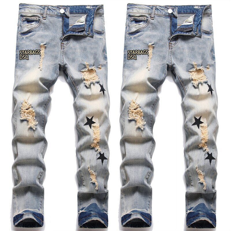 starbags dsq Slim Stretch Feet Men's cotton elastic Embroidered leather label Ripped Stars Vintage men's European Jeans