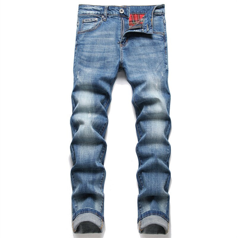 2023 Style Blue Embroidery Slim Stretch Jeans Men Mid-Waist Classic Style Pencil Pants Fashion Scratch Clothing