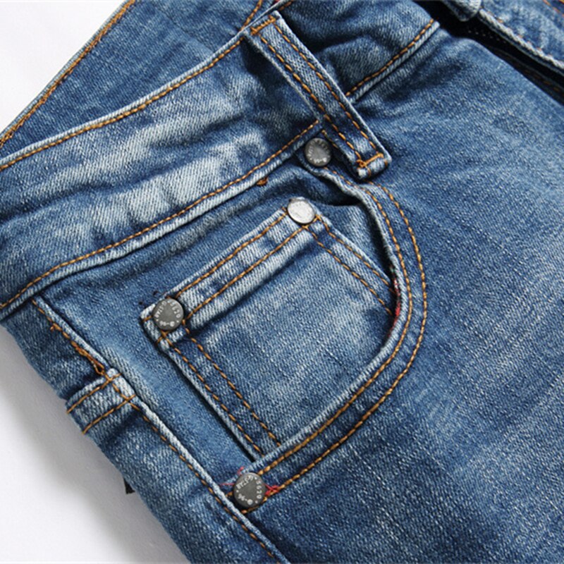 2023 Style Blue Embroidery Slim Stretch Jeans Men Mid-Waist Classic Style Pencil Pants Fashion Scratch Clothing