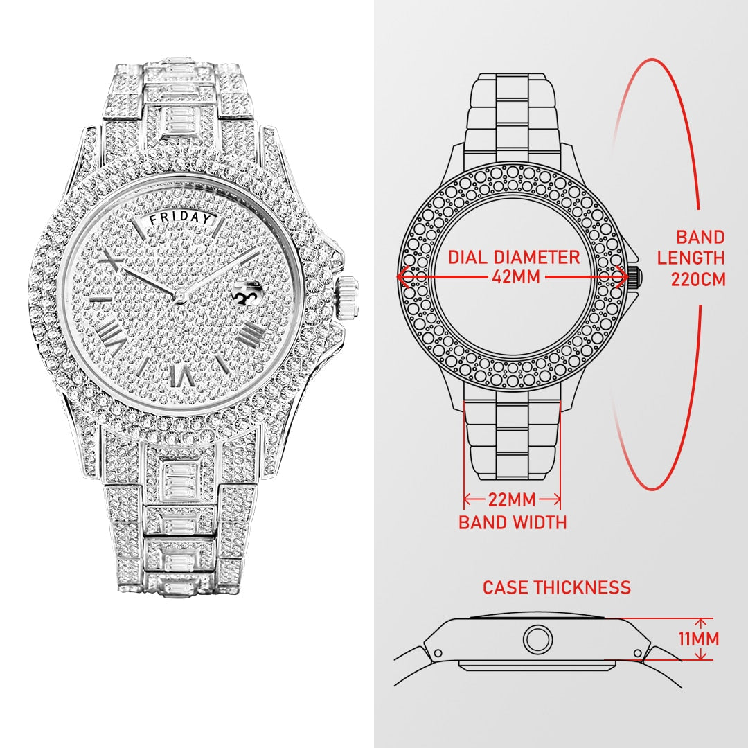 Luxury Ice Out Diamond Watch Multifunction Day Date Adjust Calendar Quartz Watches For Men
