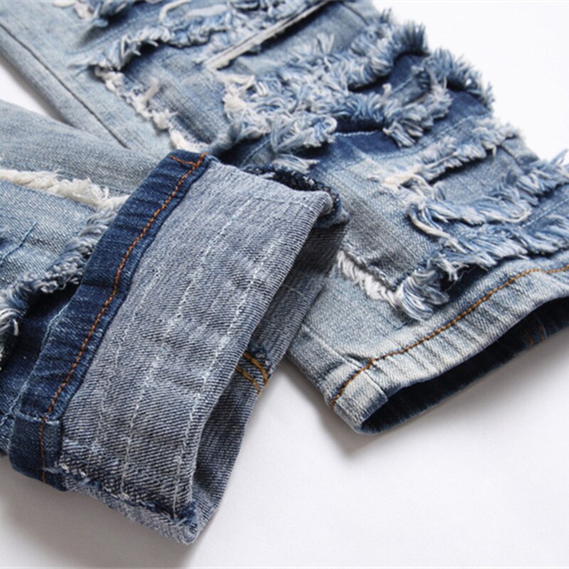 Trend Blue Hole Slim Seans Autumn Stickers Fashion Biker Pencil Pants Mid-Waists Casual Men Clothing