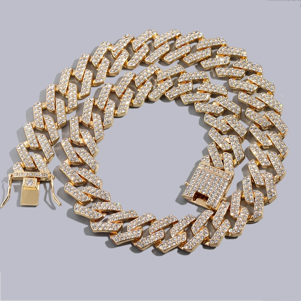 Rhinestones Prong Cuban Link Chain 2 Row Crystal Curb Cuban Chain 13/14/20MM