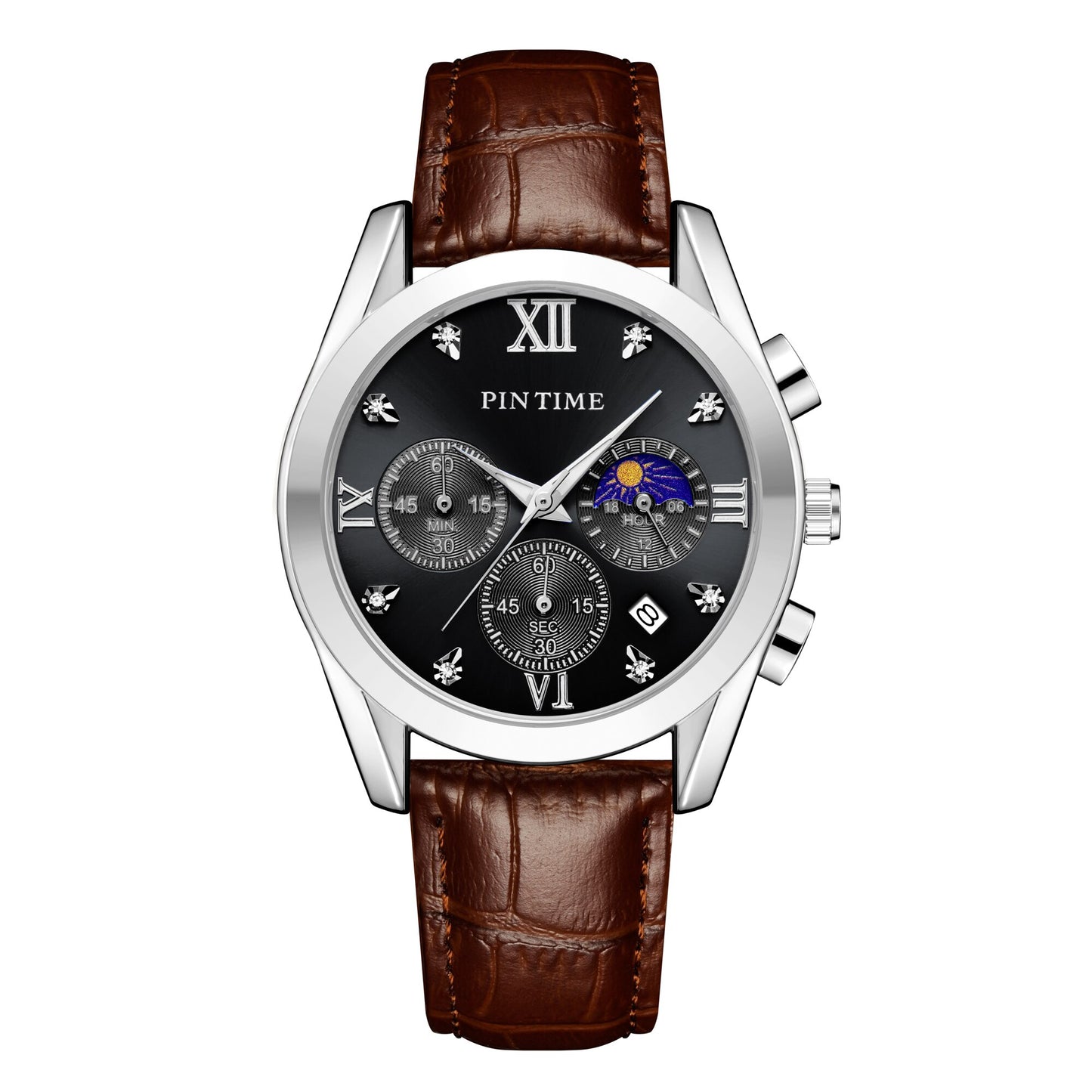 Men Casual Dress Black Watch Stainless Steel Moon Phase Dial Work Chrono Function Stopwatch Leather Luminous Waterproof