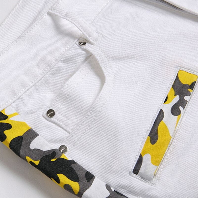 Autumn Winter White Camouflage Patchwork Jeans Mid-Waist Slim Stretch Hip Hop Pants Street Casual Wear