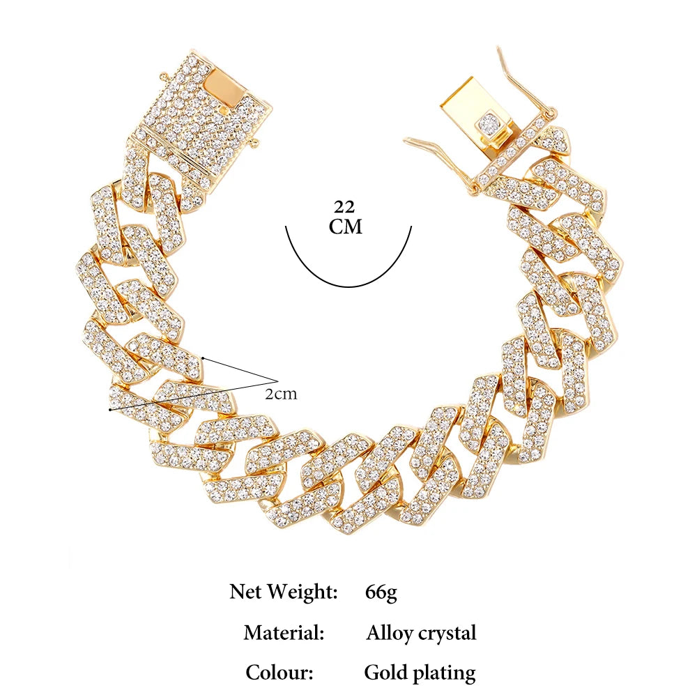 Rhinestones Prong Cuban Link Chain 2 Row Crystal Curb Cuban Chain 13/14/20MM