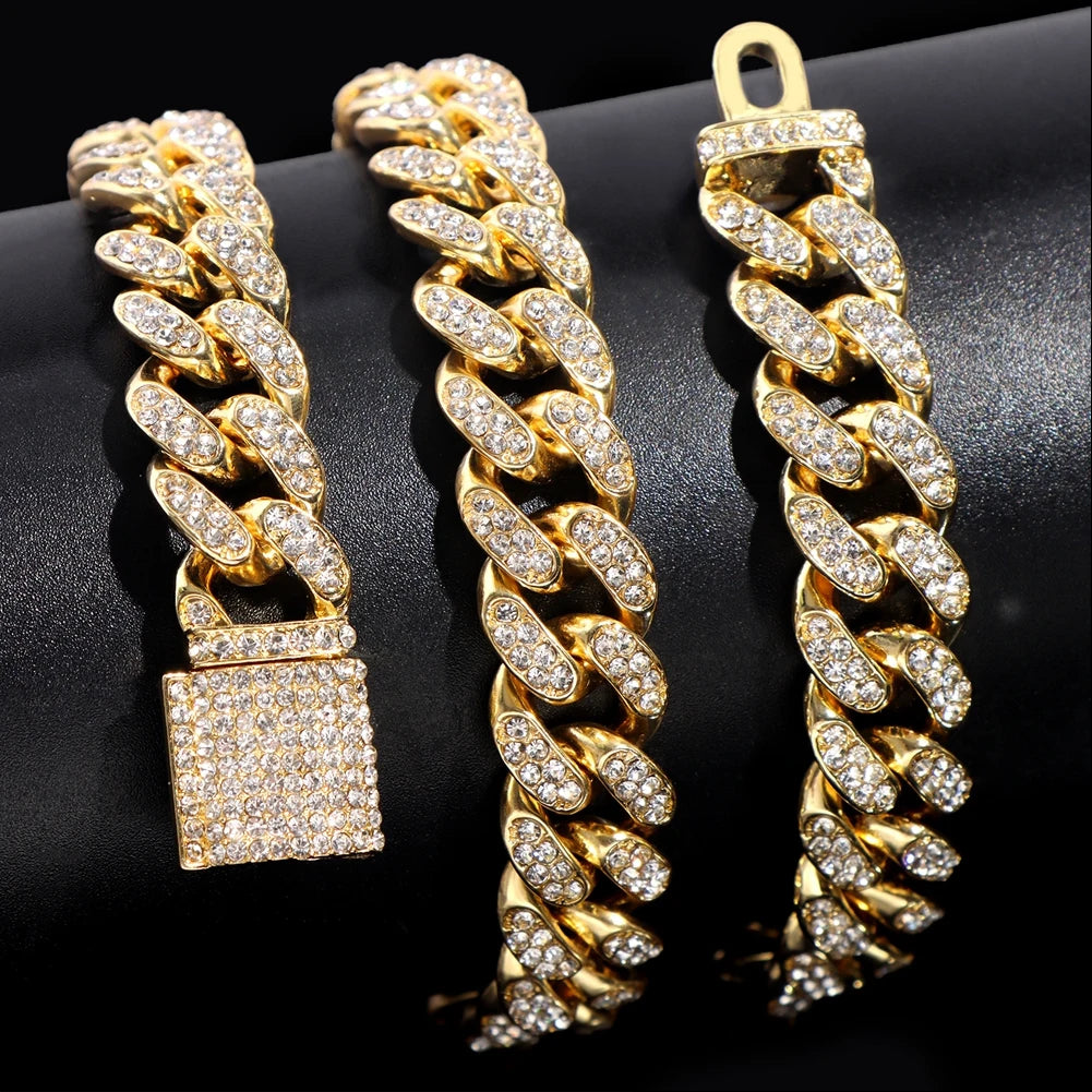 Rhinestones Prong Cuban Link Chain 2 Row Crystal Curb Cuban Chain 13/14/20MM
