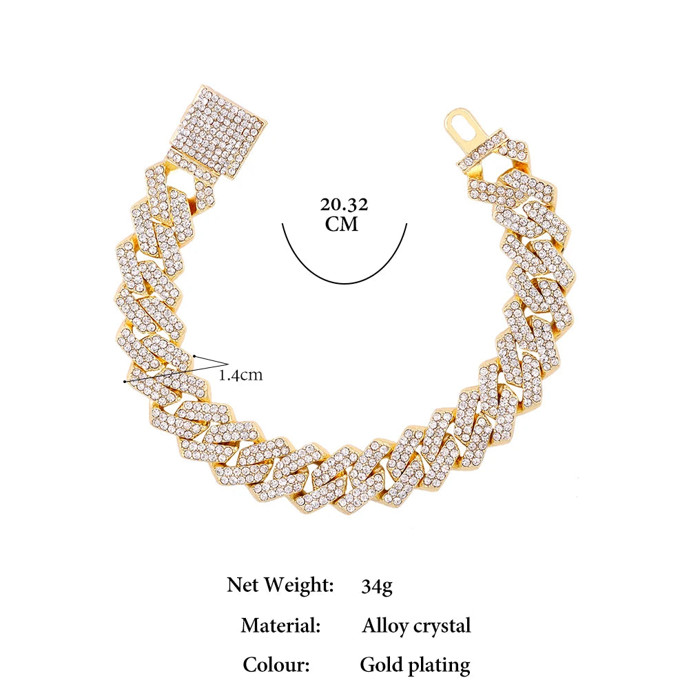 Rhinestones Prong Cuban Link Chain 2 Row Crystal Curb Cuban Chain 13/14/20MM
