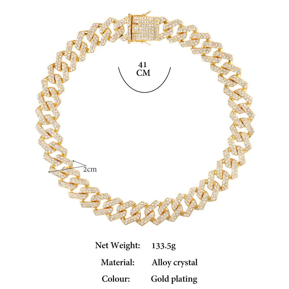 Rhinestones Prong Cuban Link Chain 2 Row Crystal Curb Cuban Chain 13/14/20MM