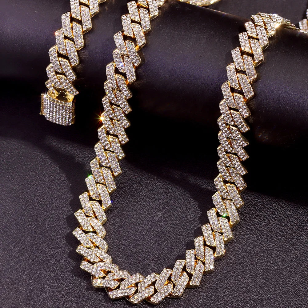 Rhinestones Prong Cuban Link Chain 2 Row Crystal Curb Cuban Chain 13/14/20MM