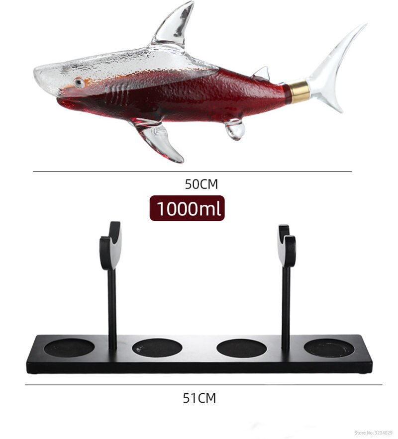 Novelty 1000ML shark shaped design barware whiskey decanter with 4 Pcs old fashioned whiskey glass and wooden base