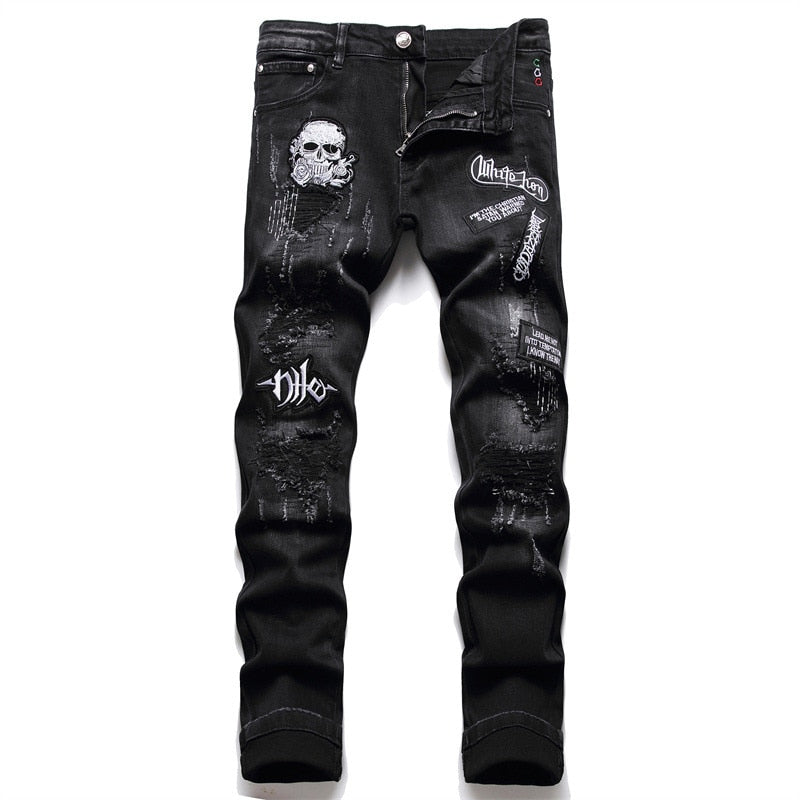 New Ripped Black Jeans Men Fashion Skull Embroidery Slim Stretch Pants Nightclub Motorcycle Trend Clothing