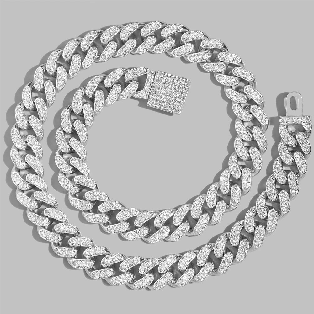 Rhinestones Prong Cuban Link Chain 2 Row Crystal Curb Cuban Chain 13/14/20MM