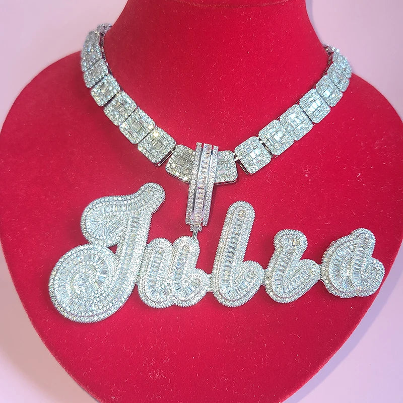 Custom Big Brush Cursive Iced Out Name Pendant Bubble Letters Word Necklace With Rhinestone Baguettes