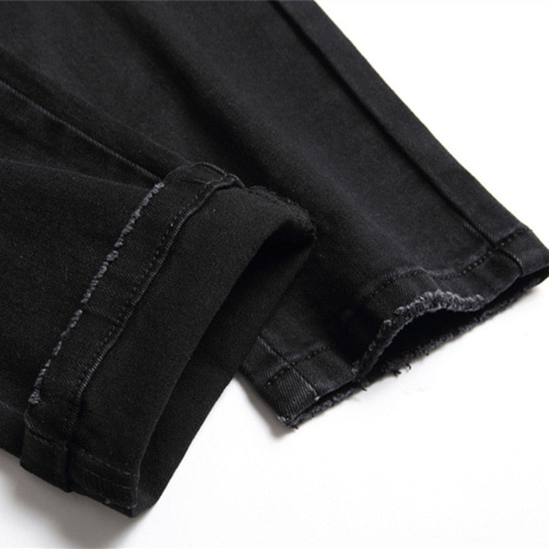 New Ripped Black Jeans Men Fashion Skull Embroidery Slim Stretch Pants Nightclub Motorcycle Trend Clothing