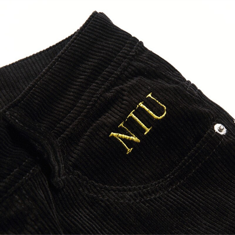 Men Casual Black Pants Denim Corduroy Mid-Waist Letter-Embroidered Spring Autumn Clothing