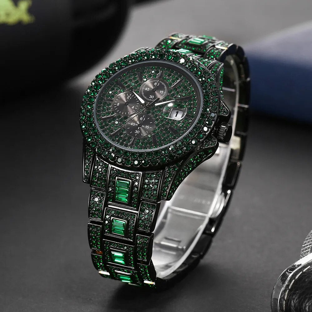 Green Diamond Watch For Men Luxury Hip Hop Diamond Watches Unique Bling Ice Out Luminous Waterproof