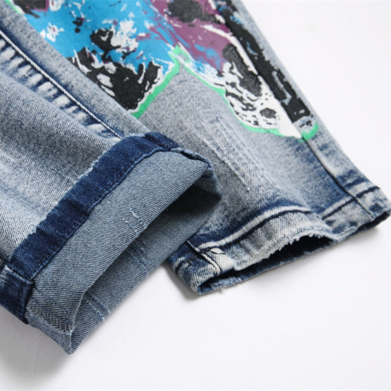 Men's Four Seasons Casual Punk Style Slim High Quality Pencil Pants Fashion Trend Retro Print Stretch Long Ripped Men's Jeans