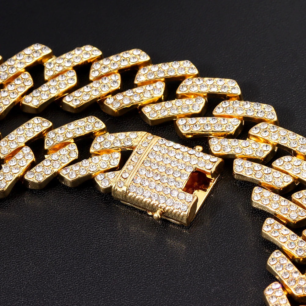 Rhinestones Prong Cuban Link Chain 2 Row Crystal Curb Cuban Chain 13/14/20MM