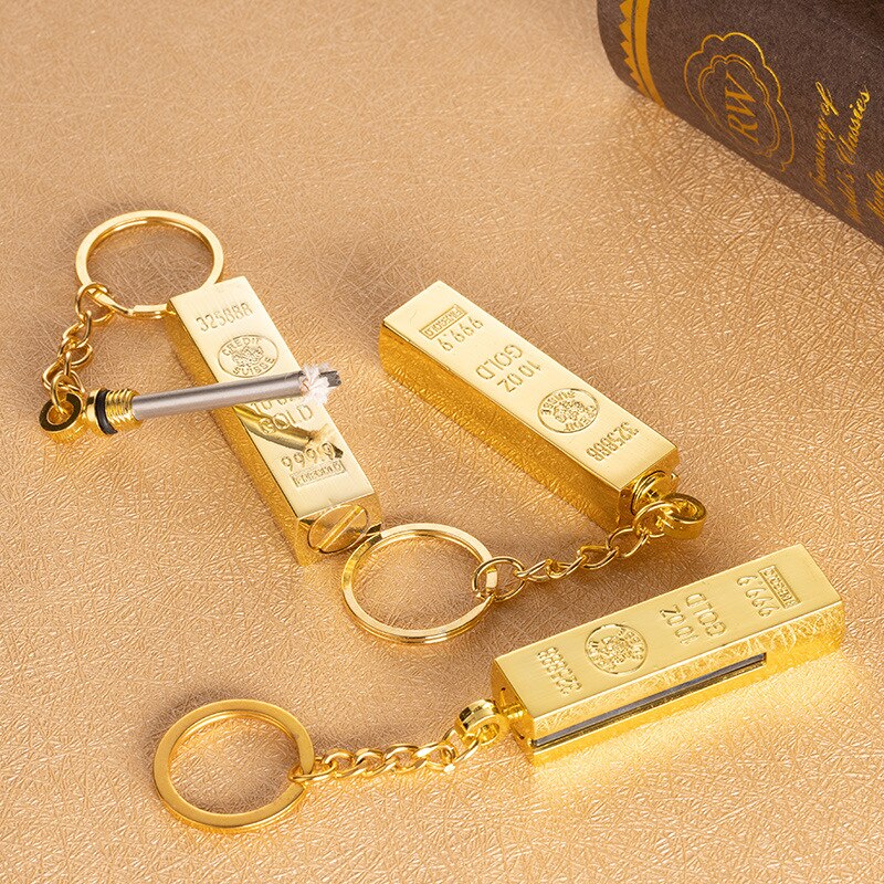Gold Bar Ten Thousand Matches Creative Portable Pendant Refillable Metal Kerosene Lighter Multi-Functional Keychain