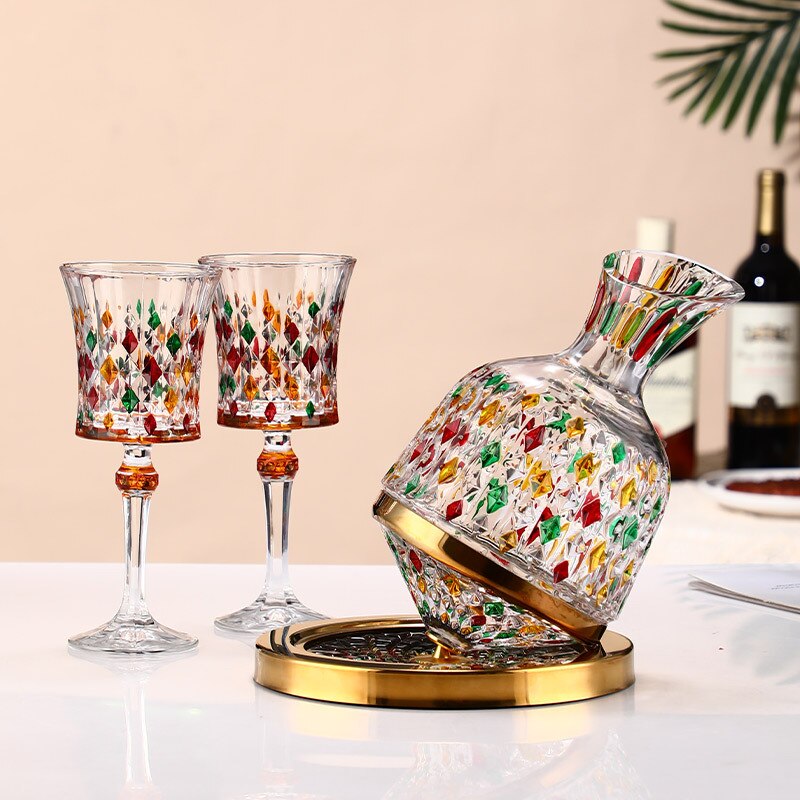 Hand painted rotary decanter creative golden top tumbler wine decanter household crystal glass wine glass