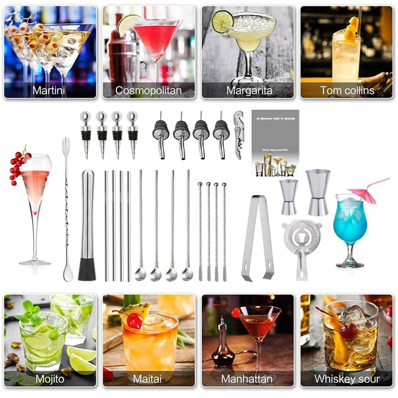 Cocktail Shaker Set with Stainless Steel Rotating Stand, Bar Tool for Gift, Experience for Drink Mixing
