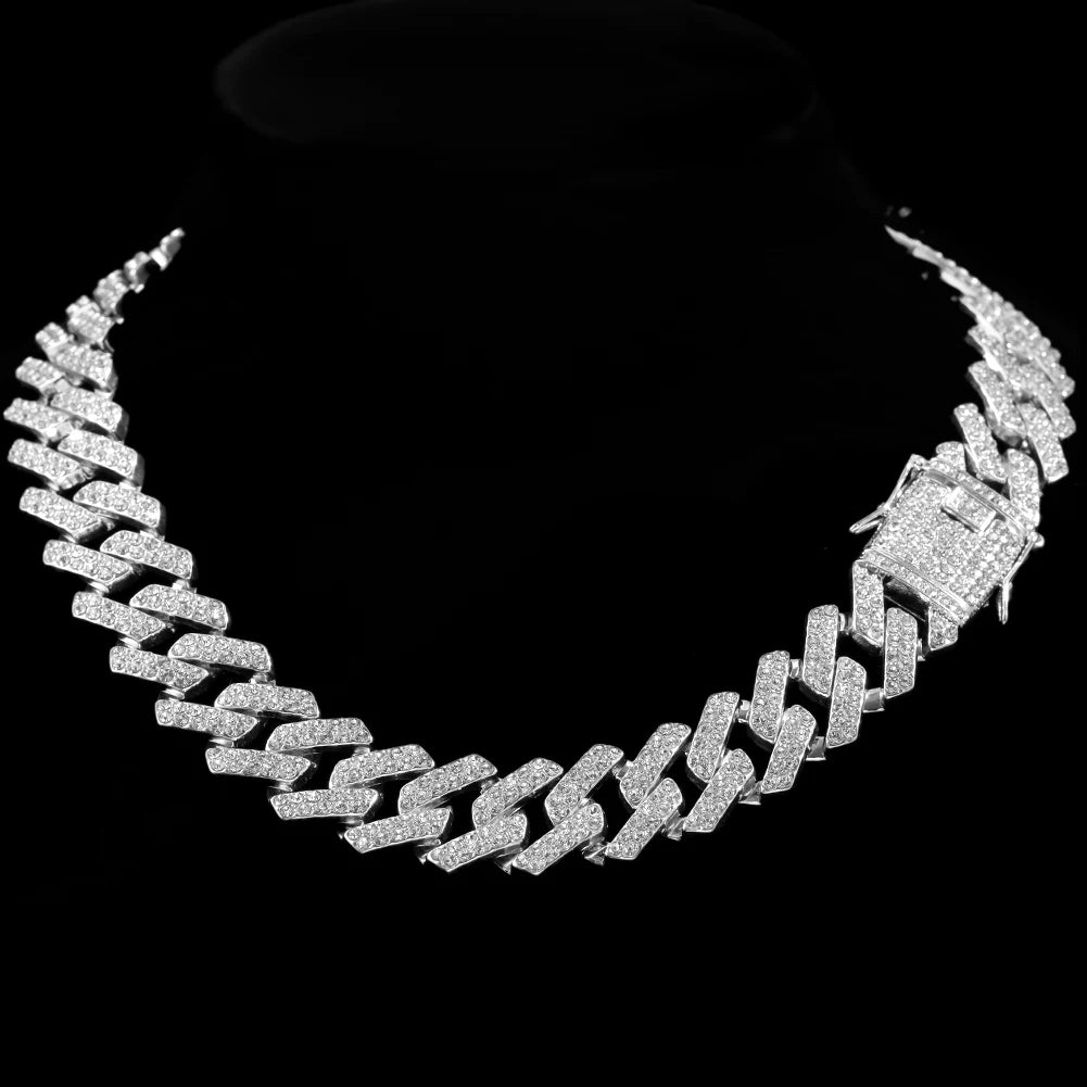 Rhinestones Prong Cuban Link Chain 2 Row Crystal Curb Cuban Chain 13/14/20MM