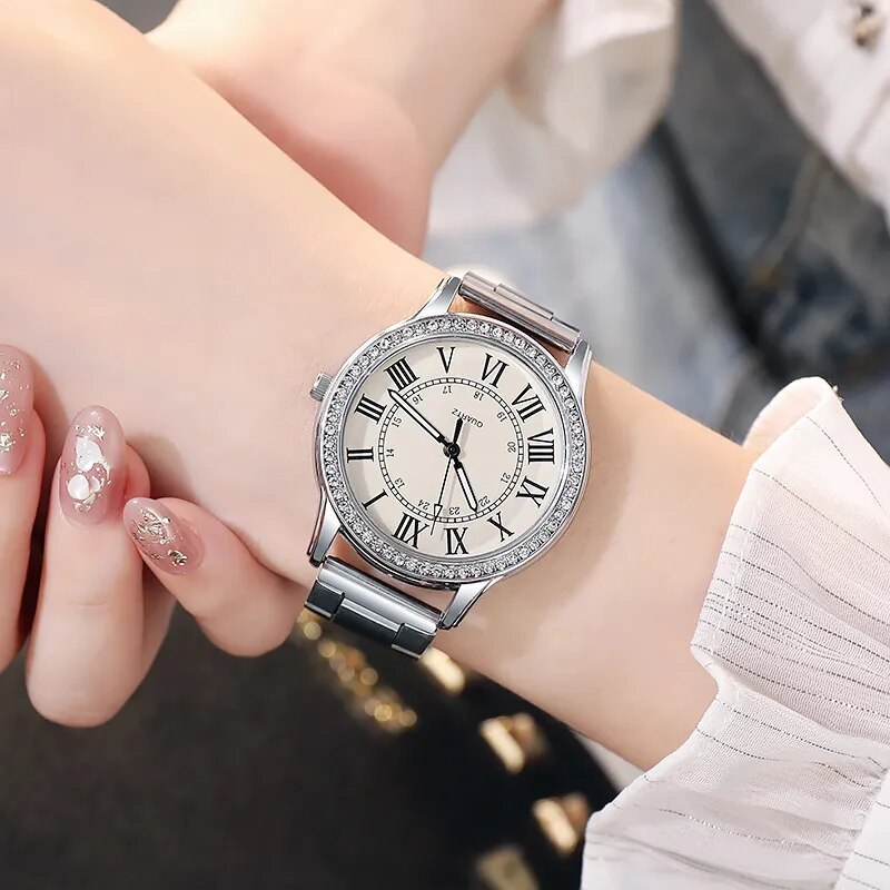 Steel Strap Simple Casual Women's Watch Retro Roman Rhinestone Luminous Quartz Watch Luxury Wrist Watches for Women Wholesale