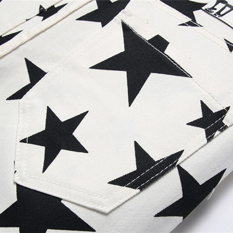 New European 5-pointed Star Digital Printed Jeans Men Slim Body Flower Trousers Fashion Stretch Pencil Pants Casual Cllothing