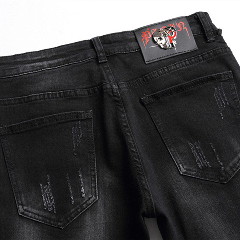 New Ripped Black Jeans Men Fashion Skull Embroidery Slim Stretch Pants Nightclub Motorcycle Trend Clothing