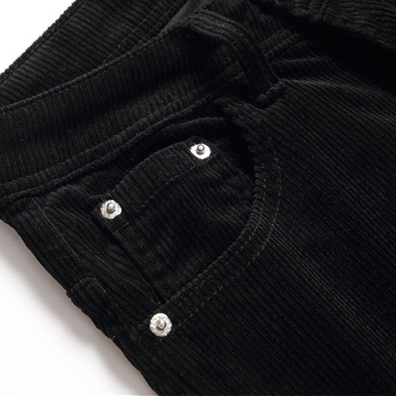 Men Casual Black Pants Denim Corduroy Mid-Waist Letter-Embroidered Spring Autumn Clothing