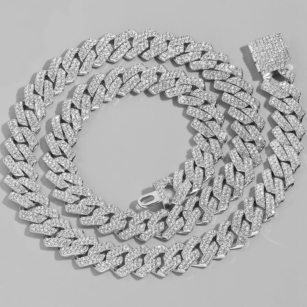 Rhinestones Prong Cuban Link Chain 2 Row Crystal Curb Cuban Chain 13/14/20MM