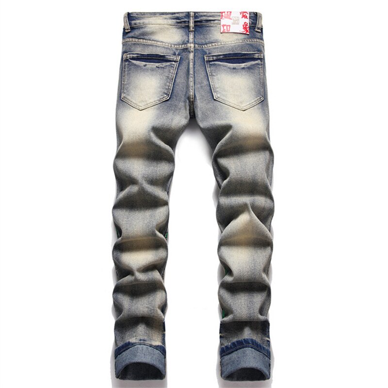 New Fashion Printed Jeans Stretch Slim Retro Pencil Pants High Street Casual Mid-Waist Motorcycle Trend Trousers