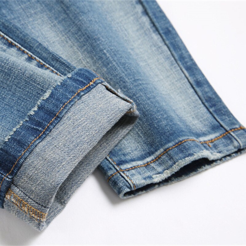 2023 Style Blue Embroidery Slim Stretch Jeans Men Mid-Waist Classic Style Pencil Pants Fashion Scratch Clothing