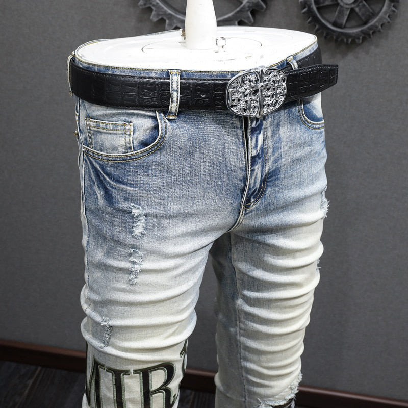 Street Fashion Men Jeans Retro Yellow Blue Elastic Stretch Skinny Ripped Jeans Men Brand Patches Designer Hip Hop Pants Hombre