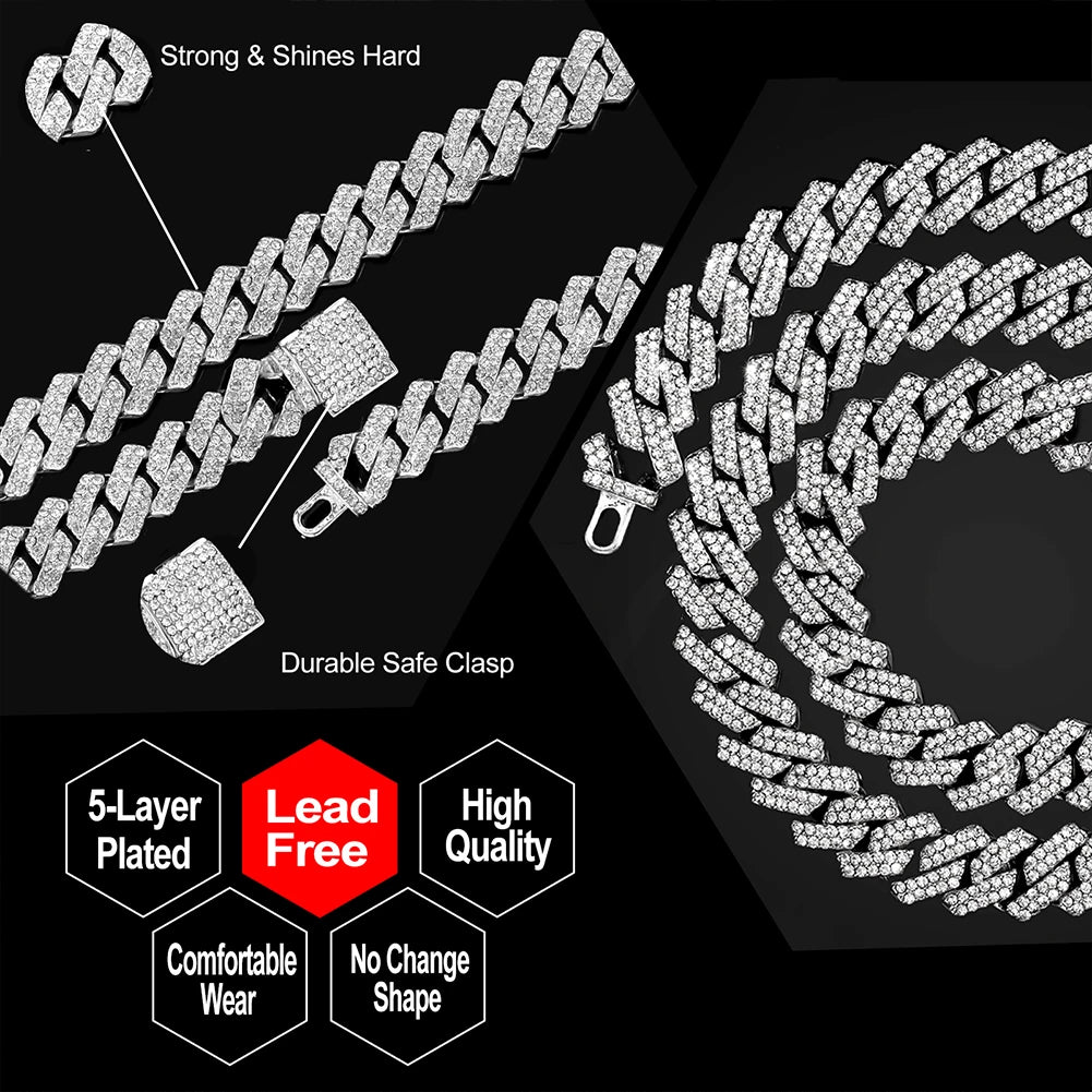 Rhinestones Prong Cuban Link Chain 2 Row Crystal Curb Cuban Chain 13/14/20MM