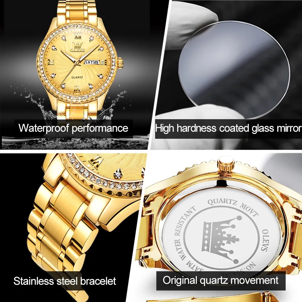 OLEVS Fashion Casual Quartz Men Wristwatches Golden Diamond-encrusted Luxury Business Waterproof Male Watches Relogios Masculino