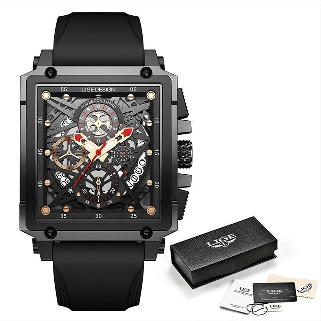 Men Watches Top Brand Luxury Hollow Square Sport Watch For Men Fashion Leather Strap Waterproof Quartz WristWatch