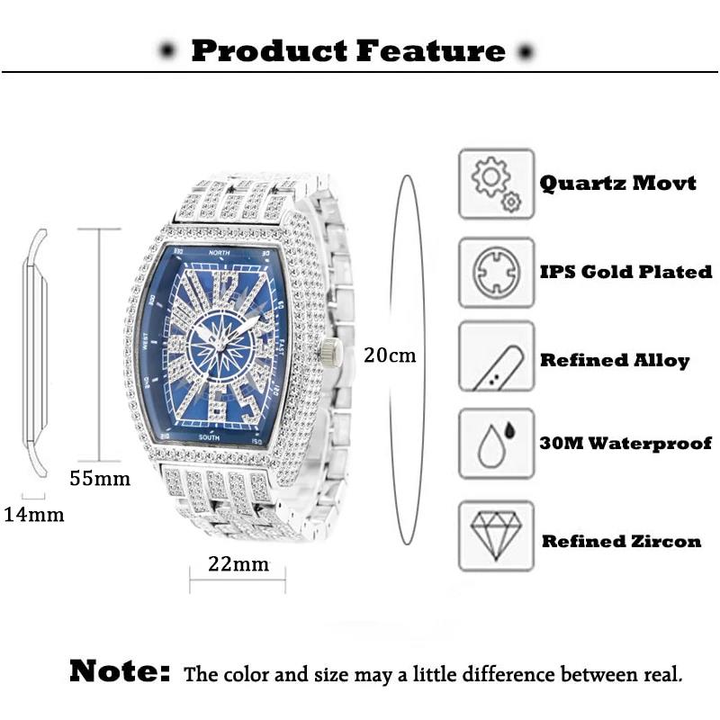 Luxury Mens Watches Fashion Hip Hop Iced Diamond Waterproof Tonneau AAA Quartz Wristwatch