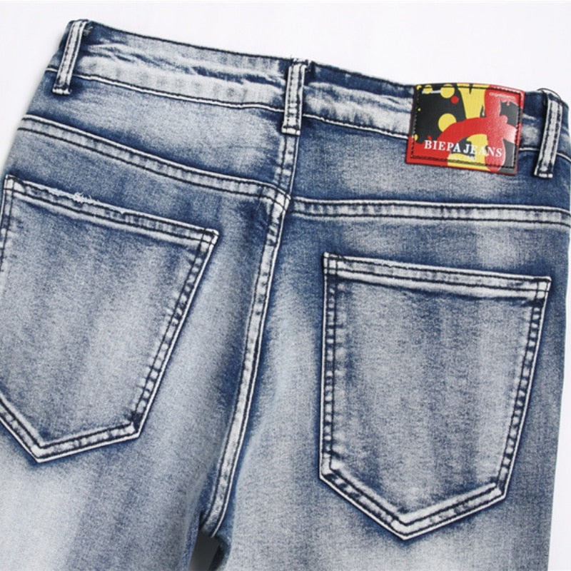 Men's Four Seasons Casual Punk Style Slim High Quality Pencil Pants Fashion Trend Retro Print Stretch Long Ripped Men's Jeans