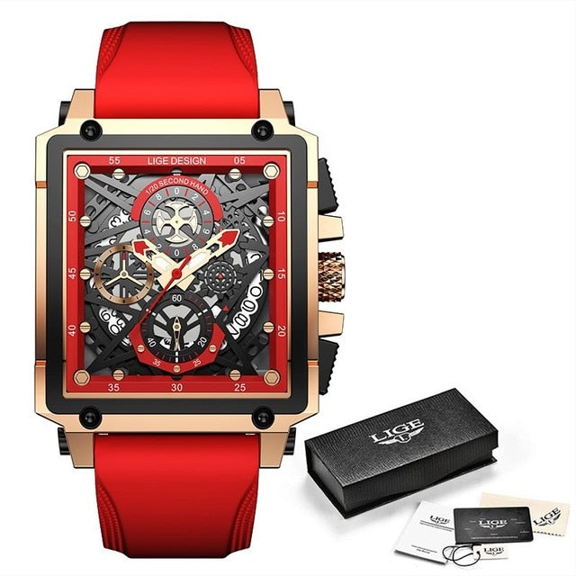 Men Watches Top Brand Luxury Hollow Square Sport Watch For Men Fashion Leather Strap Waterproof Quartz WristWatch