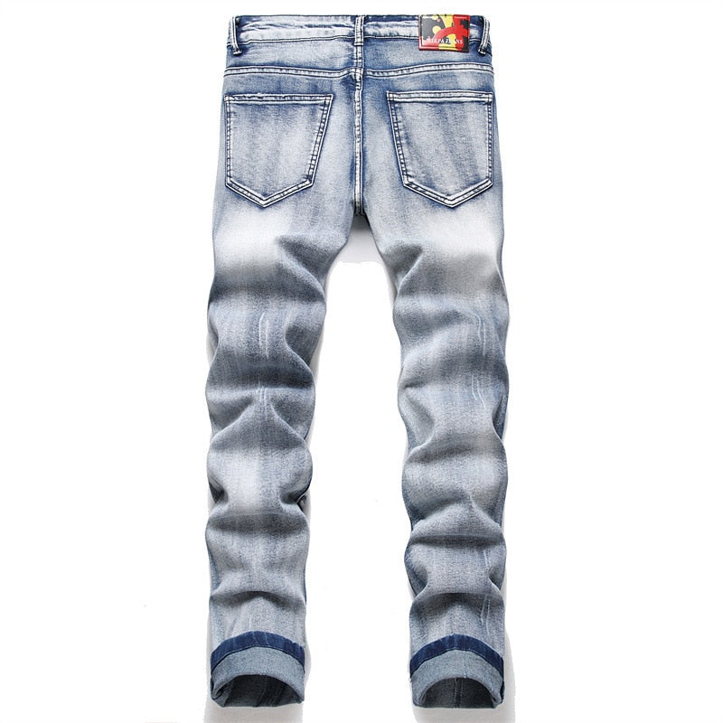 Men's Four Seasons Casual Punk Style Slim High Quality Pencil Pants Fashion Trend Retro Print Stretch Long Ripped Men's Jeans